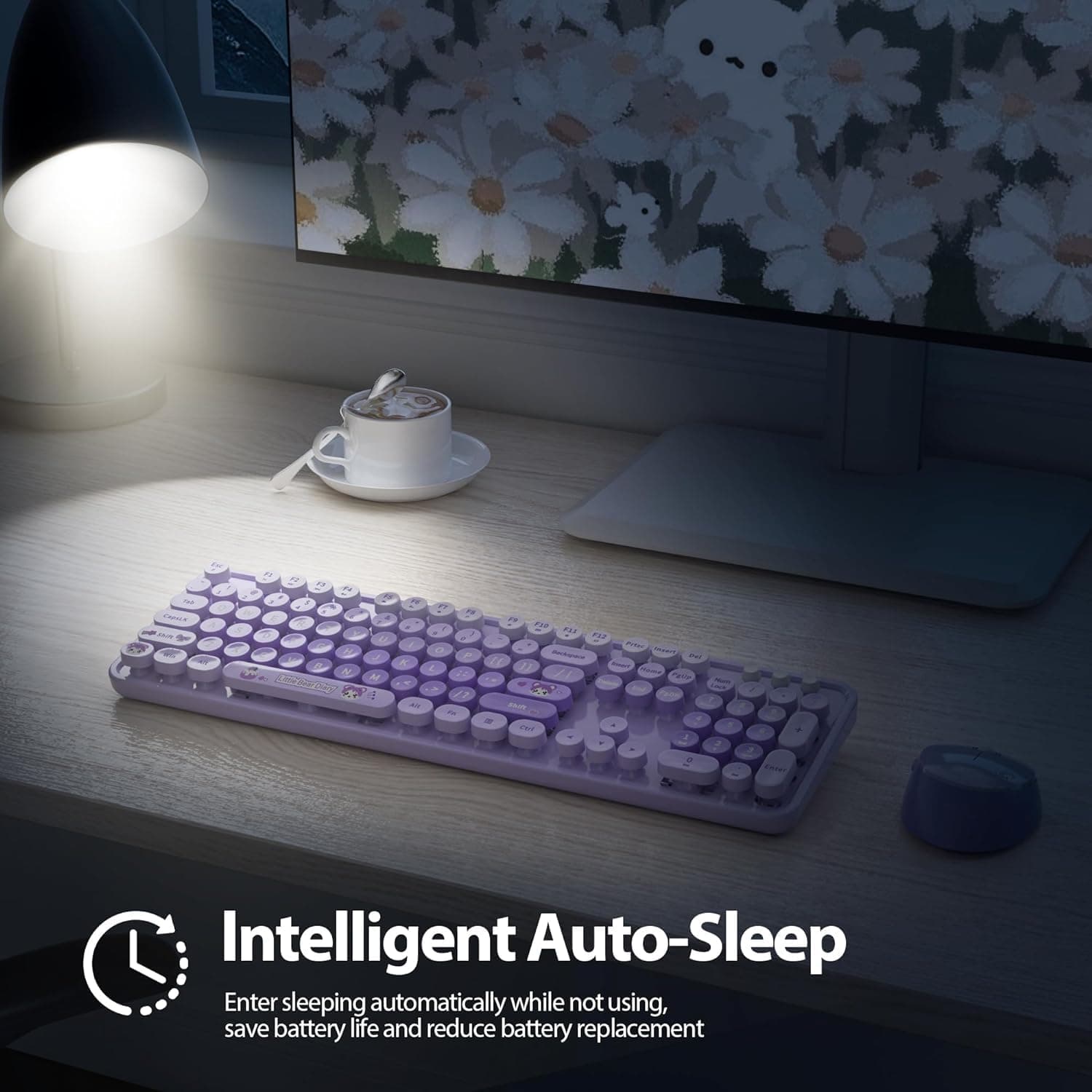 Teclado y Mouse inalámbrico Español,Tecla Redondas Retro Vintage,Multicolor-Morado Gradiente - Morado Gradiente thumbnail 5