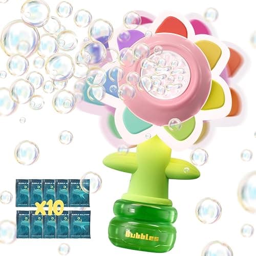 Rechargeable Flower Bubble Guns for Kids W/LED Lights & 10 Refill Solutions, Fun Swing Dance Bubble Maker Machine Blower Blaster Toys,Outdoor Summer Play, Easter, Birthday Party Favors & Gifts Pink - Image 1
