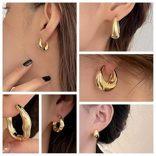 JeHwuel 6 Pairs Gold Hoop Earrings Set for Women, 14K Gold Plated Huggie Chunky Earring Variety Pack, Hypoallergenic Thick Jewelry Gift thumbnail 3