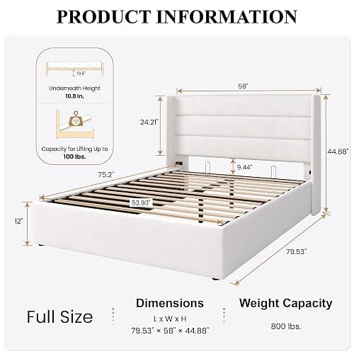 SHA CERLIN Full Size Lift Up Storage Bed/Velvet Upholstered/Modern Wingback Headboard/Upholstered Platform Bed Frame/Hydraulic Storage/No Box Spring Needed/White thumbnail 2