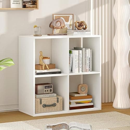 POWERSTONE 4 Cube Storage Organizer, 2 Tier Cubby Bookshelf, White | Freestanding Bookcase w/Back Guardrail, Open Back Display Rack for Living Room, Bedroom, Study thumbnail 3