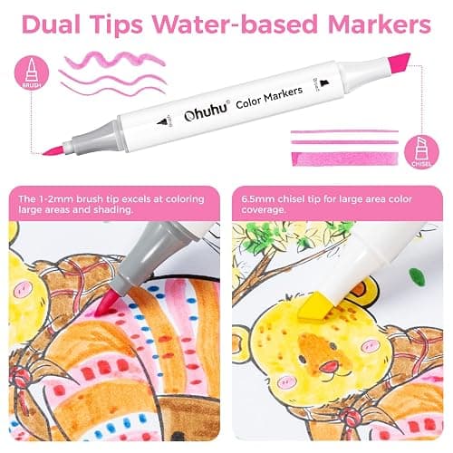 Ohuhu Markers for Adult Coloring Books No Bleeding 60 Colors Water-based Dual Tips Coloring Markers for Kids Adults Beginners Drawing Pens for Journaling Lettering (Brush & Chisel) thumbnail 5