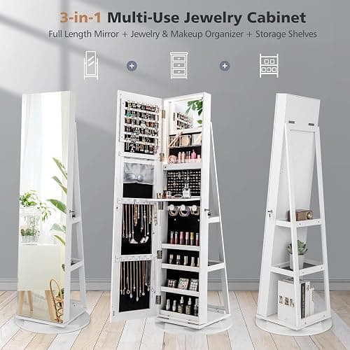 CHARMAID 360° Swivel Jewelry Armoire with Full Length Mirror, Rear Storage Shelves, Lockable Standing Jewelry Cabinet Organizer with Interior Vanity Mirror and 3-Color Lights (White) thumbnail 4