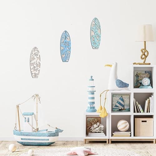 VGICH Hibiscus Surfboard Wall Decor - 3 Piece Wooden Beach Wall Art for Bedroom, Tropical Decor for Living Room(Blue) thumbnail 6