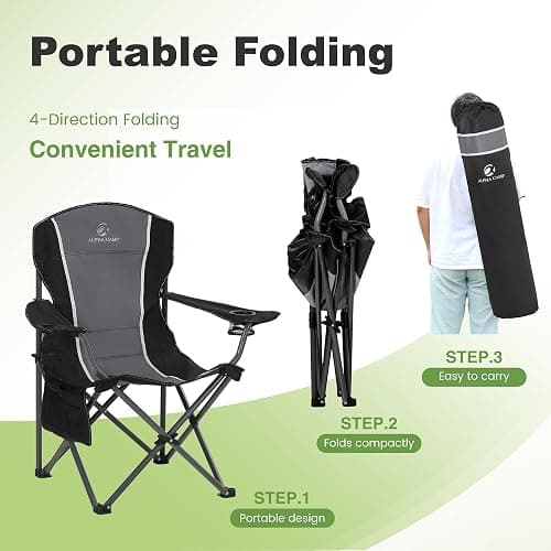 LET'S CAMP Oversized Outdoor Folding Camping Chair, 2 Pack Heavy Duty Arm Chairs with Cup Holder and Storage Bag, 350 LBS Weight Capacity, Grey thumbnail 8