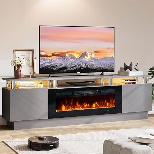 OneBlis 70" TV Stand for Living Room, Entertainment Center with Storage Cabinet, Fits TVs up to 80", Modern Media Console with Shelves, 36" Electric Fireplace (Grey+Black) - Image 1