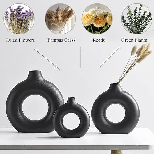 Hanaomaoyi Black Ceramic Donut Vase Set of 2, Hollow Round Matte Pampas Flower Vases for Boho Home Wedding Party Room Dinner Table Shelf Decor.（Black） thumbnail 8