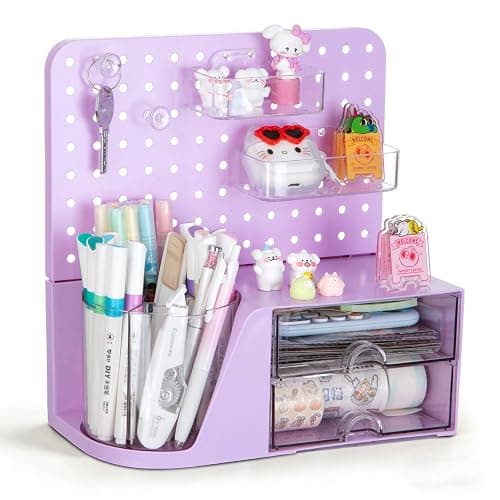 Comix Desk Organizer with 2 Drawer, Purple 360 Rotating Pen Holder for Desk | Desk Organizers and Accessories with 5 Slots Pencil Holder+Pegboard+Drawer, Pen Organizer for Home School Art Office Supplies - Image 1