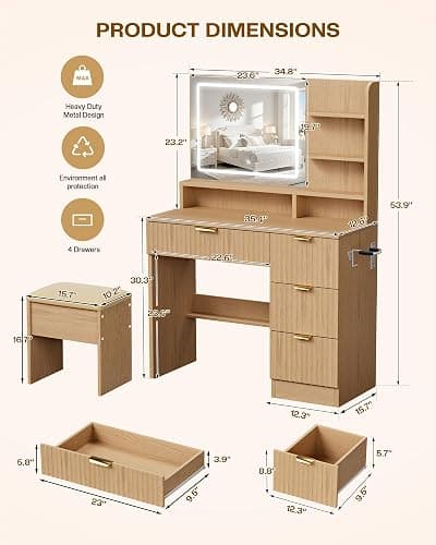 LIVELYGLOW 35.4" Wooden Makeup Vanity Set with Charging Station & Stool | Smart LED Mirror, Fluted Design, Cushioned Stool, Hairdryer Rack thumbnail 2