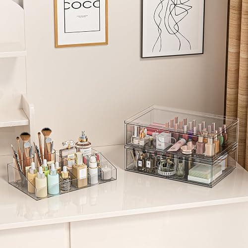 Clear Stackable Makeup Organizer with Drawer, 12''W Acrylic Storage Drawers, Cosmetic Display Case for Vanity Bathroom Countertop, Beauty Holder for Lipstick Brush Skincare Perfume thumbnail 5