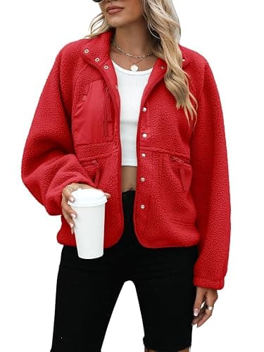 Yanekop Womens Fleece Jacket Fuzzy Long Sleeve Short Winter Coats Button Down Sherpa Jacket Outerwear with Pockets - Image 1