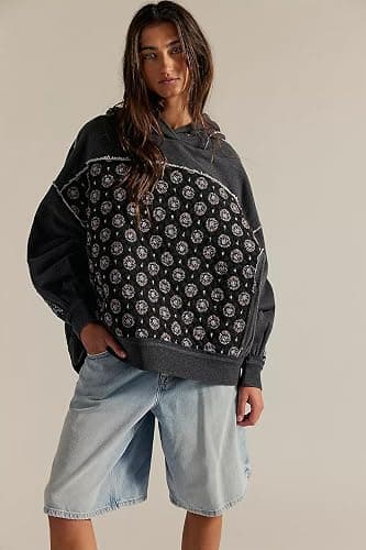Women’s Oversized Charcoal Hoodie - Quilted Embellished Patchwork Sweatshirt Casual Vintage Style Pullover thumbnail 3