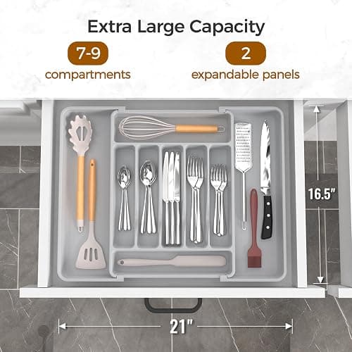 ukeetap Extra Large Expandable Silverware Organizer, BPA-Free Food-Safe Cutlery Flatware Organizer, Kitchen Utensil Drawer Organizer, Adjustable Silverware Holder for Spoons Forks Knives, Gray thumbnail 2