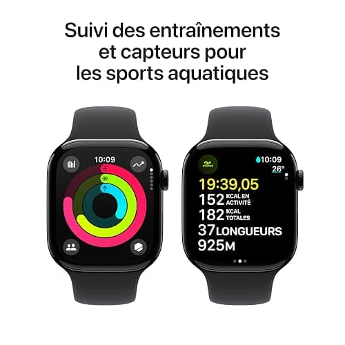 Apple Watch Series 10 (46 mm GPS) Montre connectée avec Boîtier en Aluminium Noir de Jais et Bracelet Sport Noir (M/L). Suivi de l’activité Physique, app ECG, écran Retina Toujours activé thumbnail 4