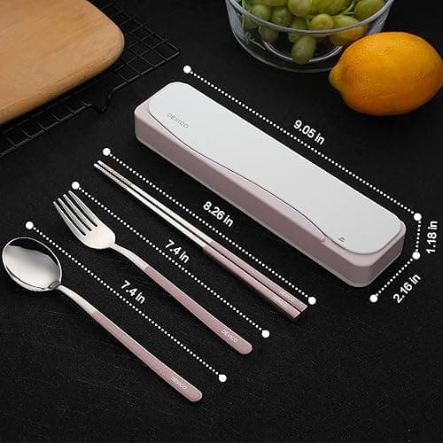 DEVICO Travel Utensils, 18/8 Stainless Steel 4pcs Cutlery Set Portable Camp Reusable Flatware Silverware, Include Fork Spoon Chopsticks with Case (Pink) - Pink thumbnail 3