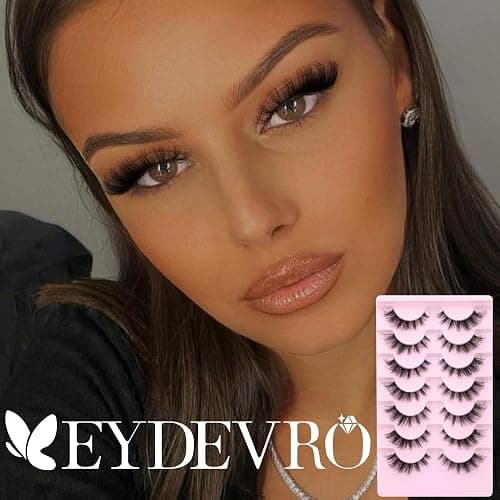 EYDEVRO False Eyelashes Wispy Lashes D Curl Cat Eye Lashes Fluffy Lashes | Clear Band Natural Look Fox Eye Fake Lashes Manga Faux Mink Strip Lashes 7 Pairs Pack thumbnail 4