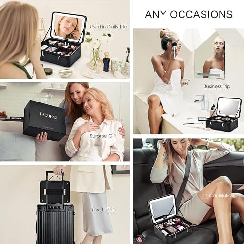 Faquenc 11.4 Inch Extra Large Makeup Bag with LED Lighted Mirror Leather Cosmetic Train Case Light up Mirror Portable Makeup Artist Storage Bag with Dividers Makeup Brush Holder Vanity Black thumbnail 9