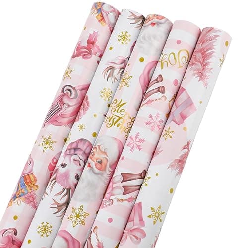 KIMOBER 5 Rolls Christmas Wrapping Paper,Pink Paper with Retro Xmas Elements and Cut Lines on Reverse(17in × 118in Per Roll,Pink Style) - Image 1