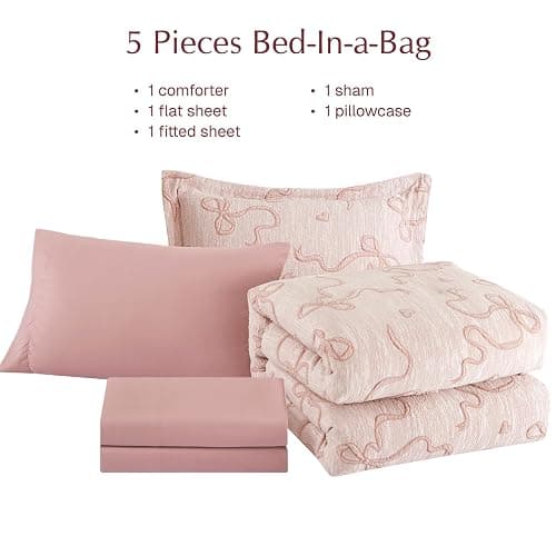 Geniospin Pink Twin Comforter Set for Girls- 5 Pieces Bowknot Jacquard Bed in A Bag Twin Bedding Sets with Sheets, Pillowcases & Shams, All Season Kids Comforter Set thumbnail 5