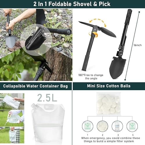 Survival Kit, 262Pcs Survival Gear and Supplies with First Aid Kit Pouch and Crossbody Bag, Emergency Kit with Tent, Camping Axe Hammer, Survival Shovel w/Pick, Bug Out Bag Gifts for Men Women thumbnail 4
