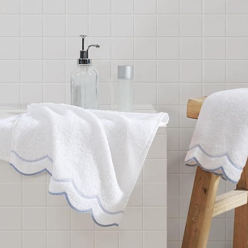 Peri Home 100% Cotton Hand Towel for Bathroom, Embroidered, Soft & Absorbent, 500 GSM, 1 Piece, 16" x 27", White with Blue Scallop - Image 1