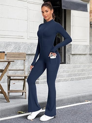 ECUPPER Women Long Sleeve Flared Jumpsuit Zip Up Romper One Piece Full Bodysuits Yoga Unitard Wide Leg Sexy Catsuit thumbnail 3