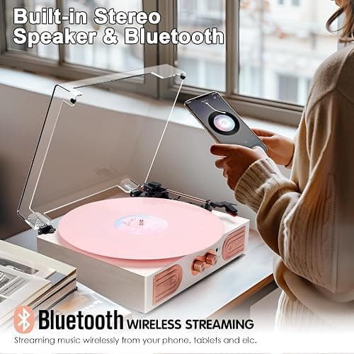 Vinyl Record Player with Built-in Speakers 3-Speed Vintage Record Player Support Treble& Bass Control, 3.5mm Headphone Jack, RCA-Out/Aux in, Belt-Driven LP Turntable,White Rose Gold thumbnail 5
