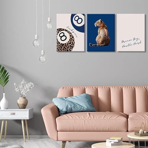 Navy Blue 3 Pcs Leopard Print Canvas Wall Art Cheetah animal prints 8 Ball Lucky Me pictures Trendy Wall decor Y2k aesthetics painting artwork for Apartment Dormitory College Decoration 12x16in thumbnail 2