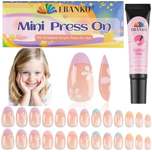 26 Pieces Press on Nails for Kids, EBANKU 1 Pack Kid Fake Nail Pink Flower Press on Nails for Girls 5-12 Years with Nail Glue - Image 1