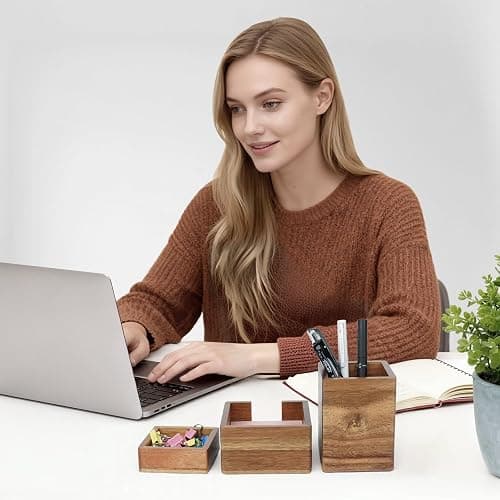RAWILL 3 PCS Brown Wooden Desk Organizer Set Pine Wood Office Desk Accessories with Pen Holder, Paperclip Storage and Sticky Note Holder, Wood Grain Clear, Ideal Gift for Office and Family thumbnail 6