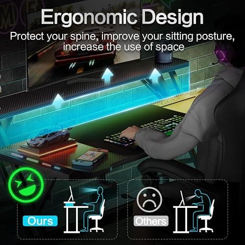 Czlolo 47 Inch Gaming Desk with Led Lights & Power Outlets & USB Ports, Upgraded Integrated Monitor Stand Computer Desk, Gaming Table for Small Space, Black Carbon Fiber Surface Gamer Desk thumbnail 4