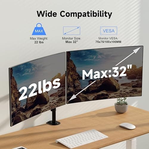 Pholiten Dual Monitor Stand, Heavy Duty Adjustable Monitor Arm Desk Mount for 2 Screens up to 32 Inches, Tilt, Swivel, Rotate, Supports Tilt, Swivel, Rotate, Supports 22 lbs per Monitor Arm thumbnail 3
