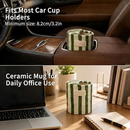 KOIMYSA Ceramic Travel Coffee Mug with Straw Hole 12oz, Espresso Cups | Hand Painted Pottery Coffee Mug, Retro Striped To Go Coffee Mug for Hot & Cold Drinks, Microwave & Dishwasher Safe, Green thumbnail 5