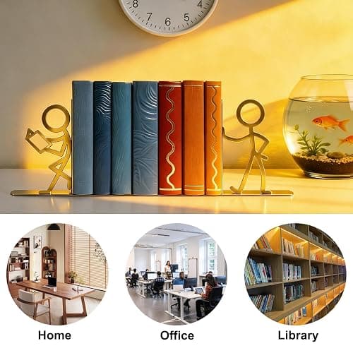 Metal Bookends People Book-end, Decorative Cute Book Ends for Shelves in Home Office Desk, Bookshelf Decor & Gift, Stable Storage (Gold Readers) thumbnail 5