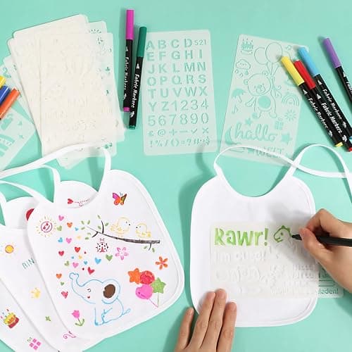 BOOMTOP 12 Baby Lätzchen zum Bemalen Babylätzchen Baumwolle mit 15x Malen Schablonen 12x Textilstifte Babyparty Deko Spiele Wasserdicht Lätzchen für Babys Junge Mädchen Babyshower Tiere Malvorlagen thumbnail 3
