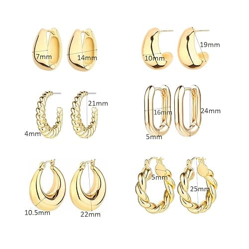 6 Pairs 14K Gold Plated Hoop Earrings for Women Lightweight Chunky Hoop Earrings Multipack Hypoallergenic, Thick Open Twisted Huggie Hoops Earring Set Jewelry for Gifts. thumbnail 7