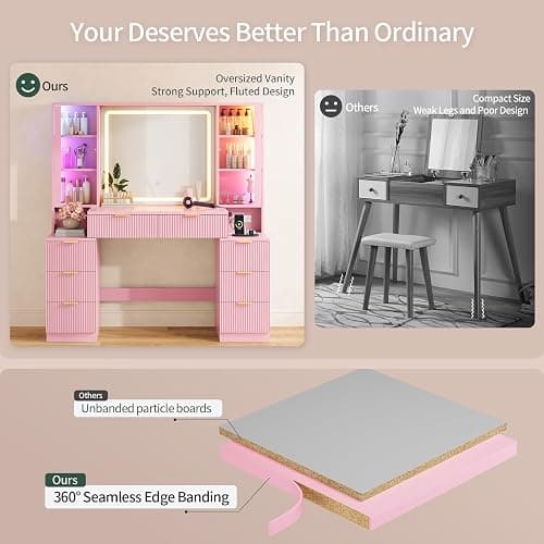 Big Vanity Desk, Fluted Makeup Vanity with Mirror Lights, Pink Vanities | Large, Charging Station, Sound Sync Chasing LED Lights, Wood Vanities, Luxury Glass Cabinets, 8 Drawers, Girls, Women thumbnail 8