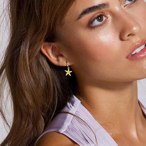 SANNYRA Huggie Earrings for Women - 14K Gold Plated Beach Sea Drop Dangle Earrings - Starfish Butterfly Moon Star Seashell Beachy Jewelry thumbnail 2