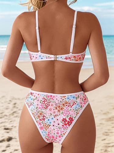 Fanuerg Women's Triangle Bikini Sets O Ring Linked Two Piece Swimsuits Floral Printed Cheeky Bathing Suit thumbnail 2