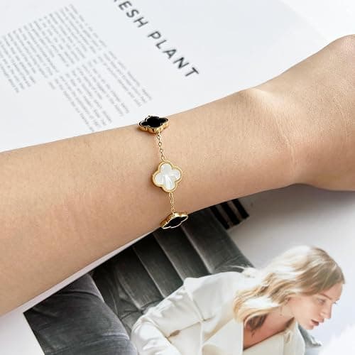 AIPPK 18K Gold Plated Clover Lucky Bracelet for Women White/Black/Red/Green Flower Four Leaf Link Bracelets Trendy Jewelry Gifts for Women thumbnail 4