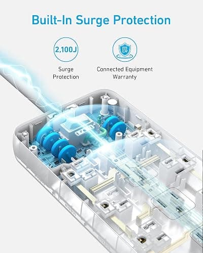 Anker Power Strip with 3 USB Ports, Surge Protector (2100J-5ft), 12 Outlets with 2 USB-A Ports and 1 USB-C Port,Flat Plug, Works with iPhone 16/16 Plus/16 Pro/16 Pro Max,for Home,Office, TUV Listed thumbnail 4