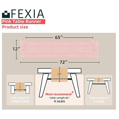 FEXIA Pink Table Runner 72 Inches Long with Tassels Boho Farmhouse Macrame Summer Pink Room Dining Bedroom Baby Bridal Shower Decor(12x72 Inches) thumbnail 3