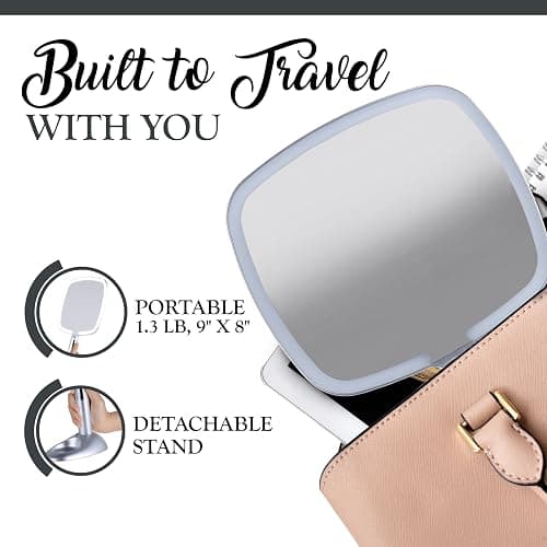 MIRRORVANA Lighted Travel Handheld Mirror - 2-in-1 Table & Hand Mirror with 3 Lighting Modes, Detachable Stand, and Comfy Handle for Make Up & Skin Care Application - 13" x 9" (Shiny Silver) - Silver thumbnail 6