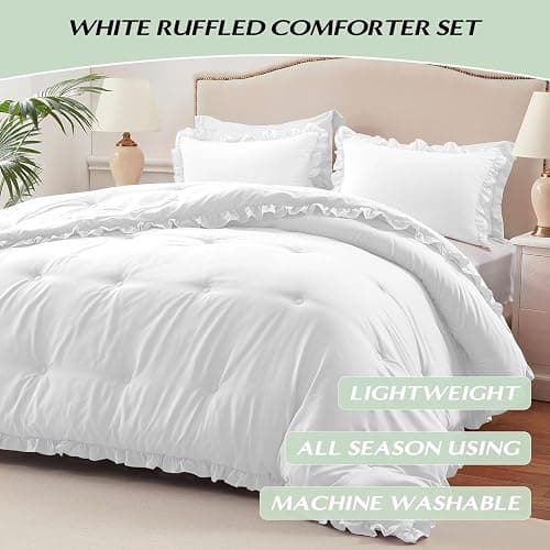HARBOREST Full Comforter - White Ruffle Comforter for Full Size Bed, Fluffy Comforter Set for All Seasons, 3 Pieces Shabby Chic Bedding Set(1 Comforter & 2 Pillow Shams) thumbnail 2