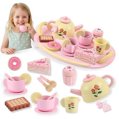Wooden Tea Party Set for Girls – 16 Pcs Pink Princess Tea Set with Teapot, Cake & Desserts | Pretend Play Kitchen Toys for Toddlers Ages 3-5, Birthday Gift for Kids - Image 1