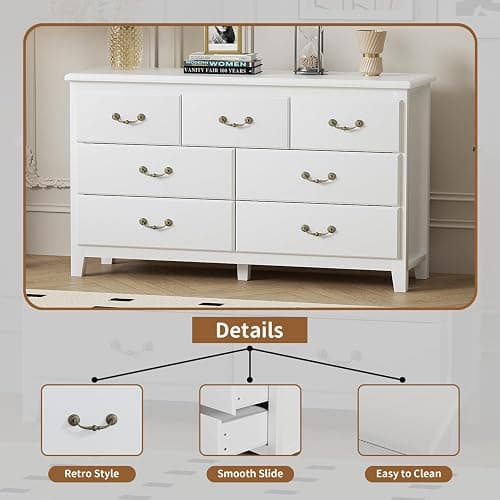 HOUROM Farmhouse 7 Drawer Dresser for Bedroom, Chest of Drawers with Antique Handles, Modern Wooden Dressers, Vintage Rustic Dresser Storage Organizer for Bedroom, White - White - 7 Drawer thumbnail 5