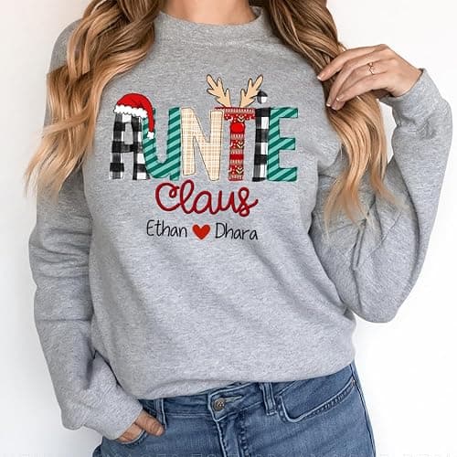 GODMERCH Aunt Claus Personalized Aunt Nickname with Kid Names Sweatshirt, Custom Aunt Gift, Christmas Women Sweater thumbnail 4