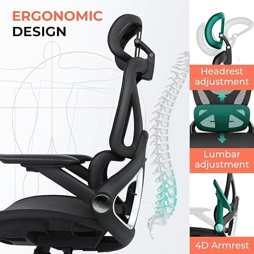 CAPOT Ergonomic Mesh Office Chair, Adjustable Lumbar High Back Desk Chair 400lbs, 4D Flip-up Arms, 3-Level Tilt Backrest, 3D Headrest, PU Wheels, Swivel Rolling Computer Seating for Long Desk Work thumbnail 8