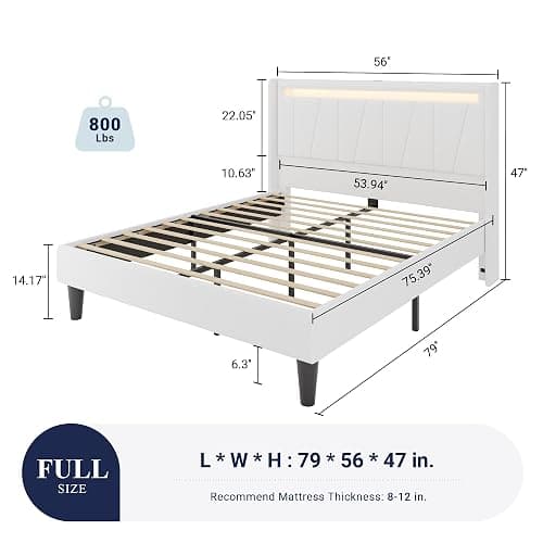 Allewie Full Size LED Bed Frame with Charging Station, Velvet Upholstered Platform Bed with Geometric Wingback Headboard, Modern Frame with No Box Spring Needed, Easy Assembly, White thumbnail 2