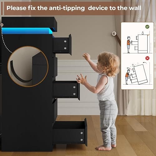 HAUOMS Tall 5 Drawer Dresser with LED Light, Black Modern Chest of Drawers for Bedroom,Closet Dressers with Drawers for Living Room, Entryway, Hallway thumbnail 6